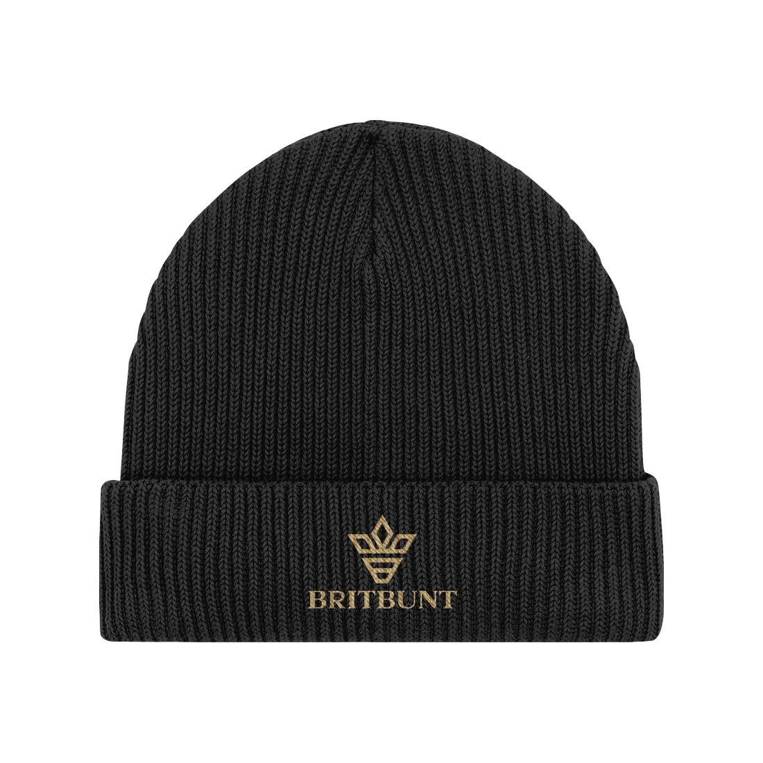 The Signature Beanie in black, with the Britbunt crown and name embroidered in gold on the cuff