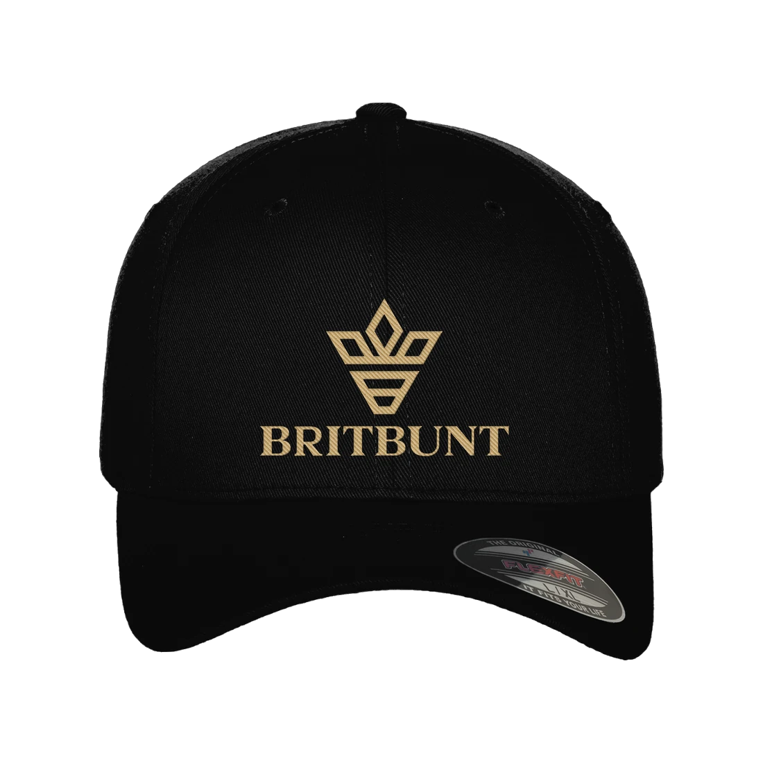 The Signature Cap in black, with the Britbunt crown and name embroidered in gold on the front