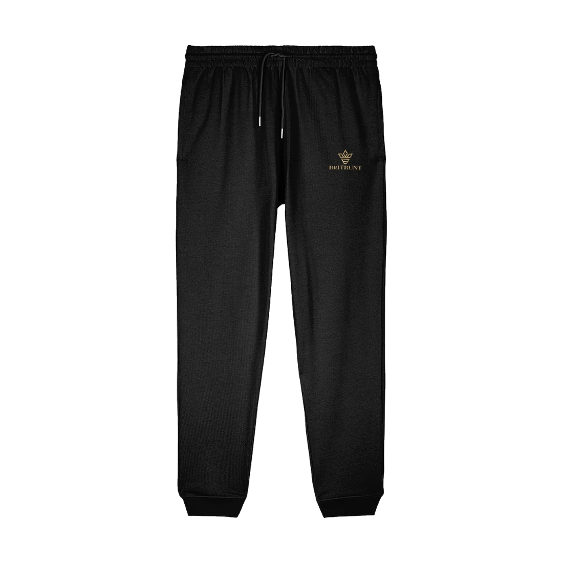 The Signature Jogger in black, with the Britbunt crown and name embroidered in gold on the left hip