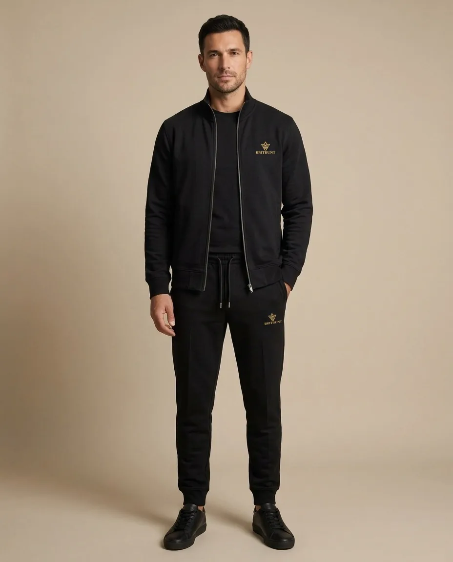 A model wearing the Signature Set in black: the Signature Zip Jacket and the Signature Jogger, each with the gold Britbunt crown